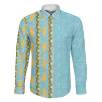 Hawaii Shell Tiare Anthurium Heliconia Lei Family Matching Puletasi and Hawaiian Shirt With Tapa Pattern Baby Blue
