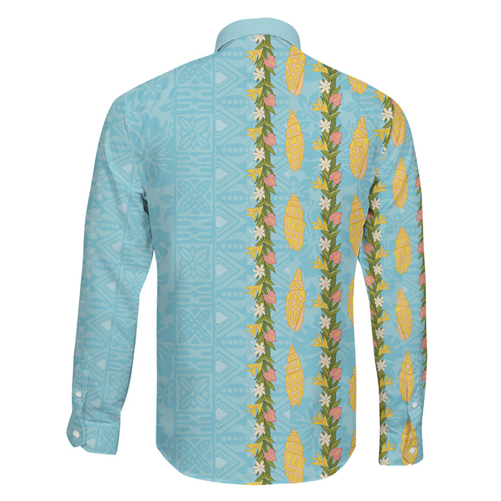 Hawaii Shell Tiare Anthurium Heliconia Lei Family Matching Puletasi and Hawaiian Shirt With Tapa Pattern Baby Blue