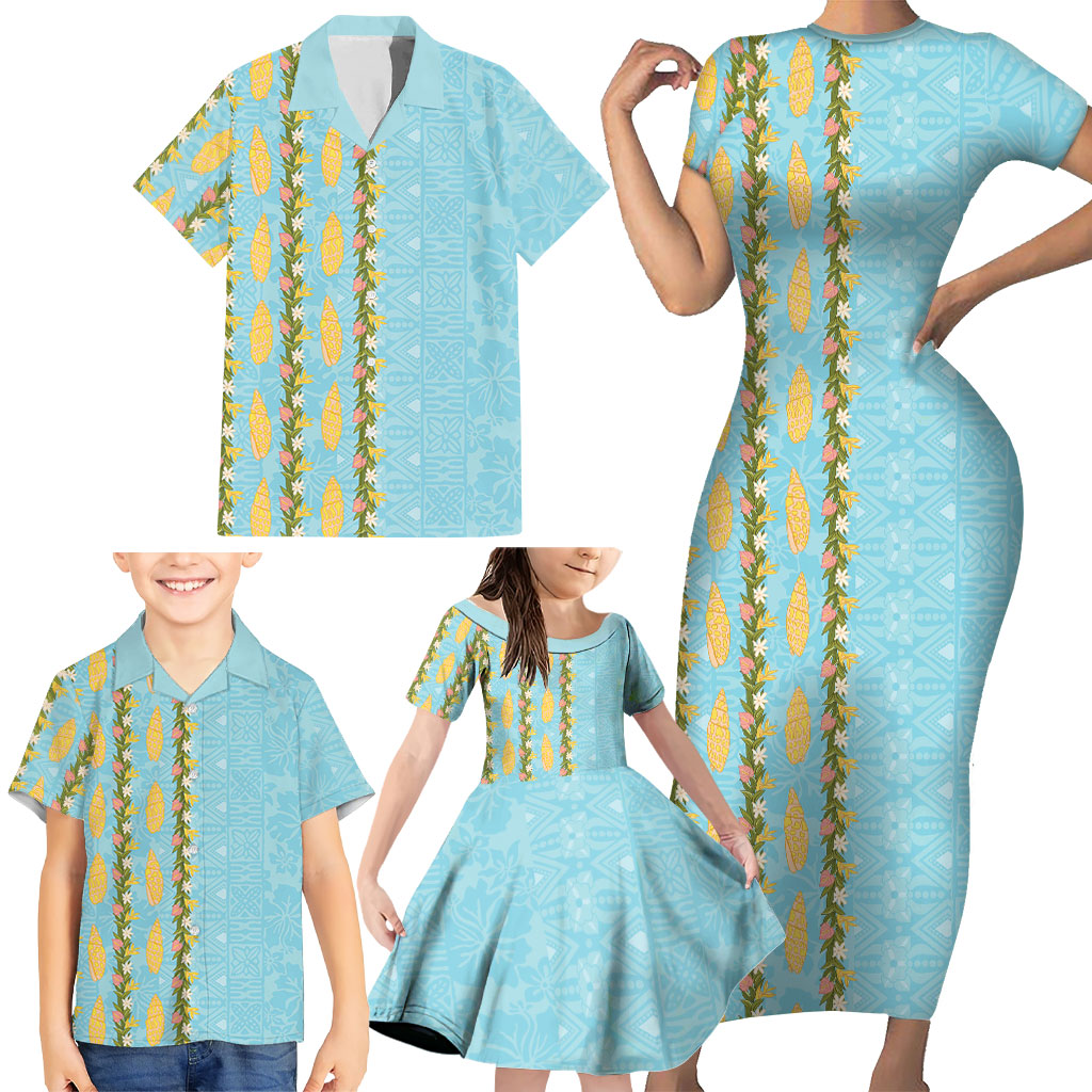 Hawaii Shell Tiare Anthurium Heliconia Lei Family Matching Short Sleeve Bodycon Dress and Hawaiian Shirt With Tapa Pattern Baby Blue LT05 - Polynesian Pride