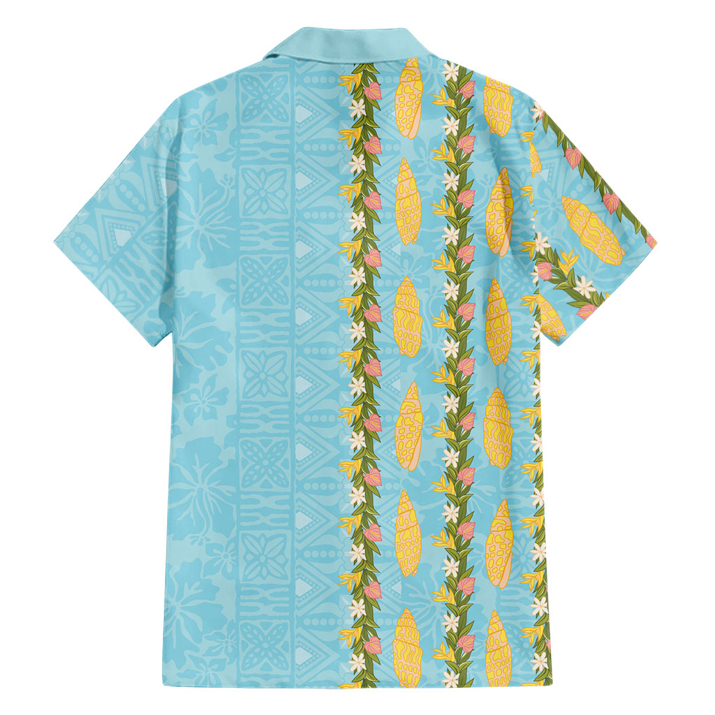 Hawaii Shell Tiare Anthurium Heliconia Lei Family Matching Short Sleeve Bodycon Dress and Hawaiian Shirt With Tapa Pattern Baby Blue
