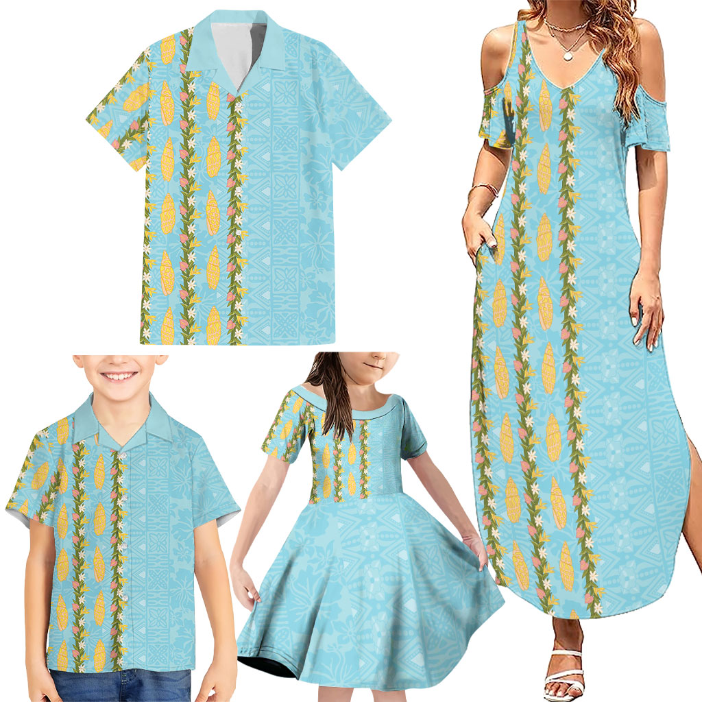 Hawaii Shell Tiare Anthurium Heliconia Lei Family Matching Summer Maxi Dress and Hawaiian Shirt With Tapa Pattern Baby Blue
