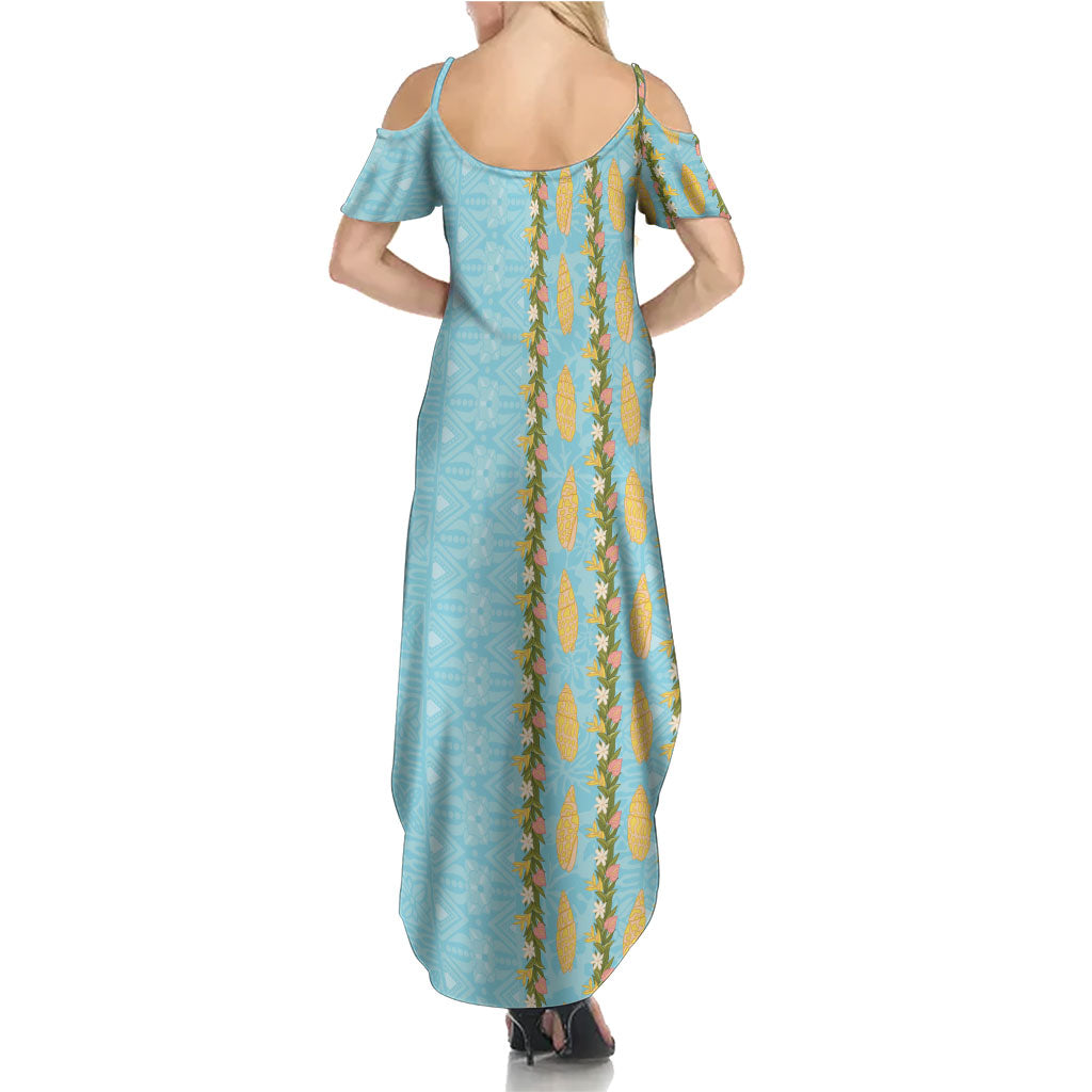 Hawaii Shell Tiare Anthurium Heliconia Lei Family Matching Summer Maxi Dress and Hawaiian Shirt With Tapa Pattern Baby Blue