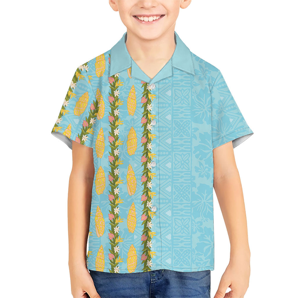 Hawaii Shell Tiare Anthurium Heliconia Lei Family Matching Tank Maxi Dress and Hawaiian Shirt With Tapa Pattern Baby Blue