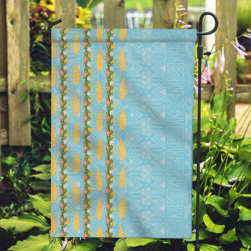 Hawaii Shell Tiare Anthurium Heliconia Lei Garden Flag With Tapa Pattern Baby Blue