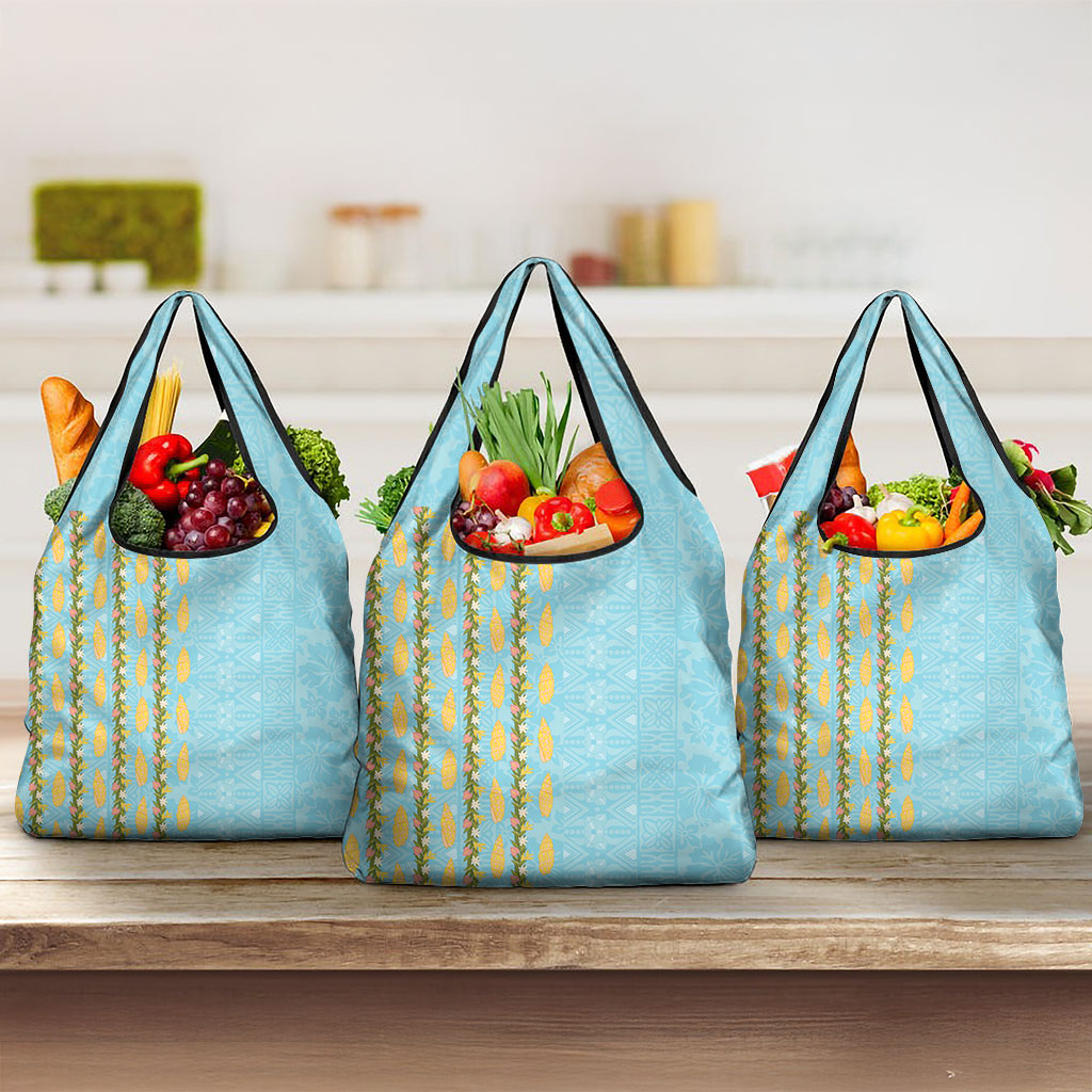 Hawaii Shell Tiare Anthurium Heliconia Lei Grocery Bag With Tapa Pattern Baby Blue