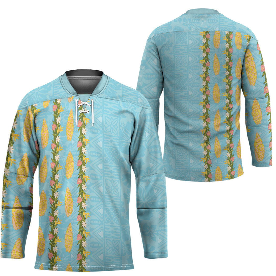 Hawaii Shell Tiare Anthurium Heliconia Lei Hockey Jersey With Tapa Pattern Baby Blue