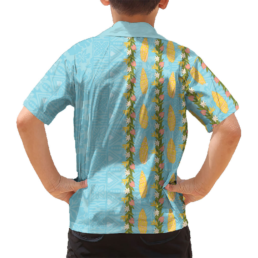 Hawaii Shell Tiare Anthurium Heliconia Lei Kid Hawaiian Shirt With Tapa Pattern Baby Blue