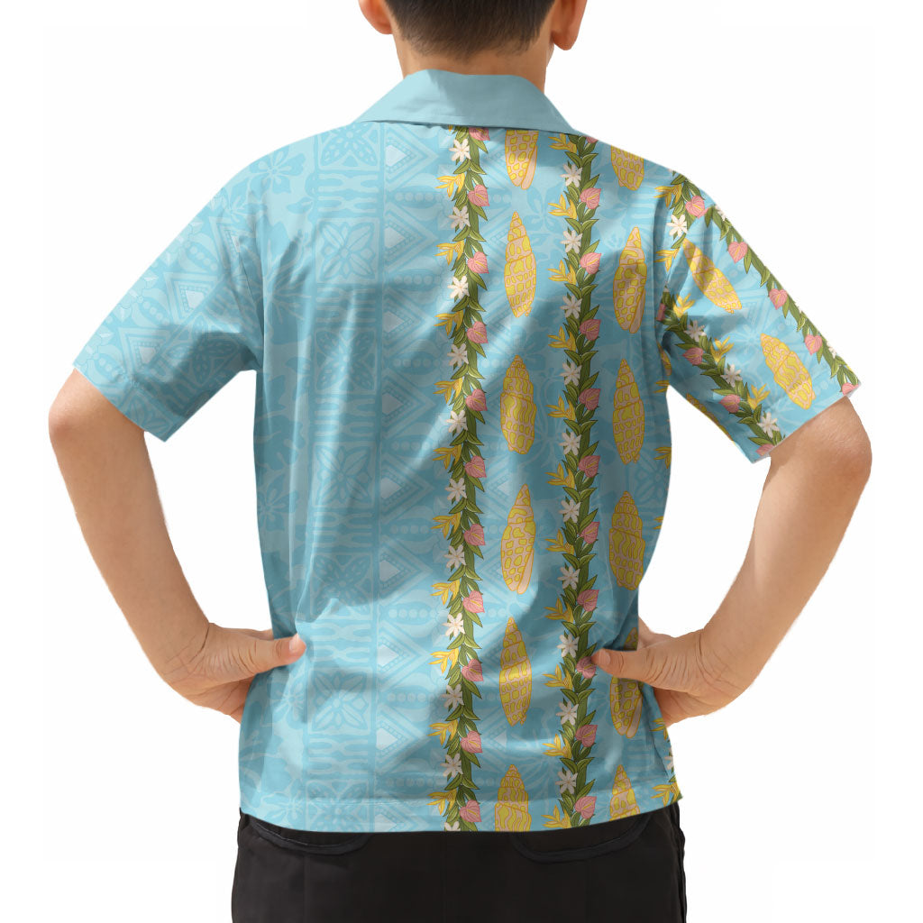 Hawaii Shell Tiare Anthurium Heliconia Lei Kid Hawaiian Shirt With Tapa Pattern Baby Blue LT05 - Polynesian Pride