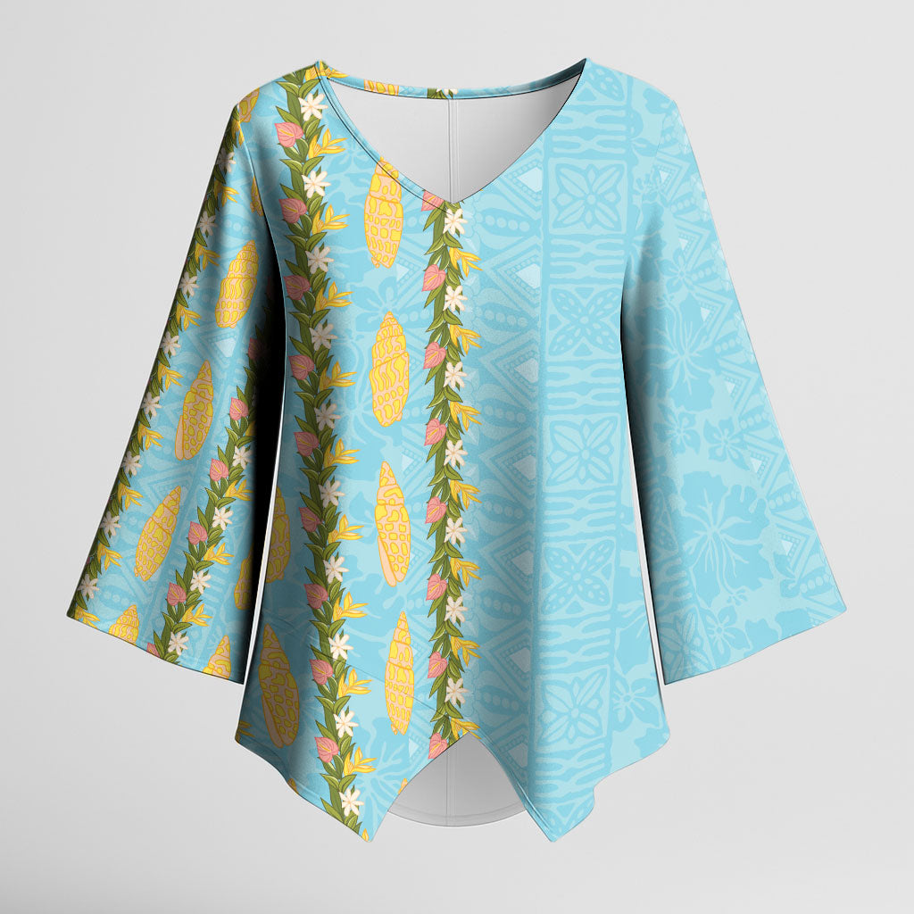 Hawaii Shell Tiare Anthurium Heliconia Lei Kimono Sleeve Blouse With Tapa Pattern Baby Blue LT05 Female Blue - Polynesian Pride