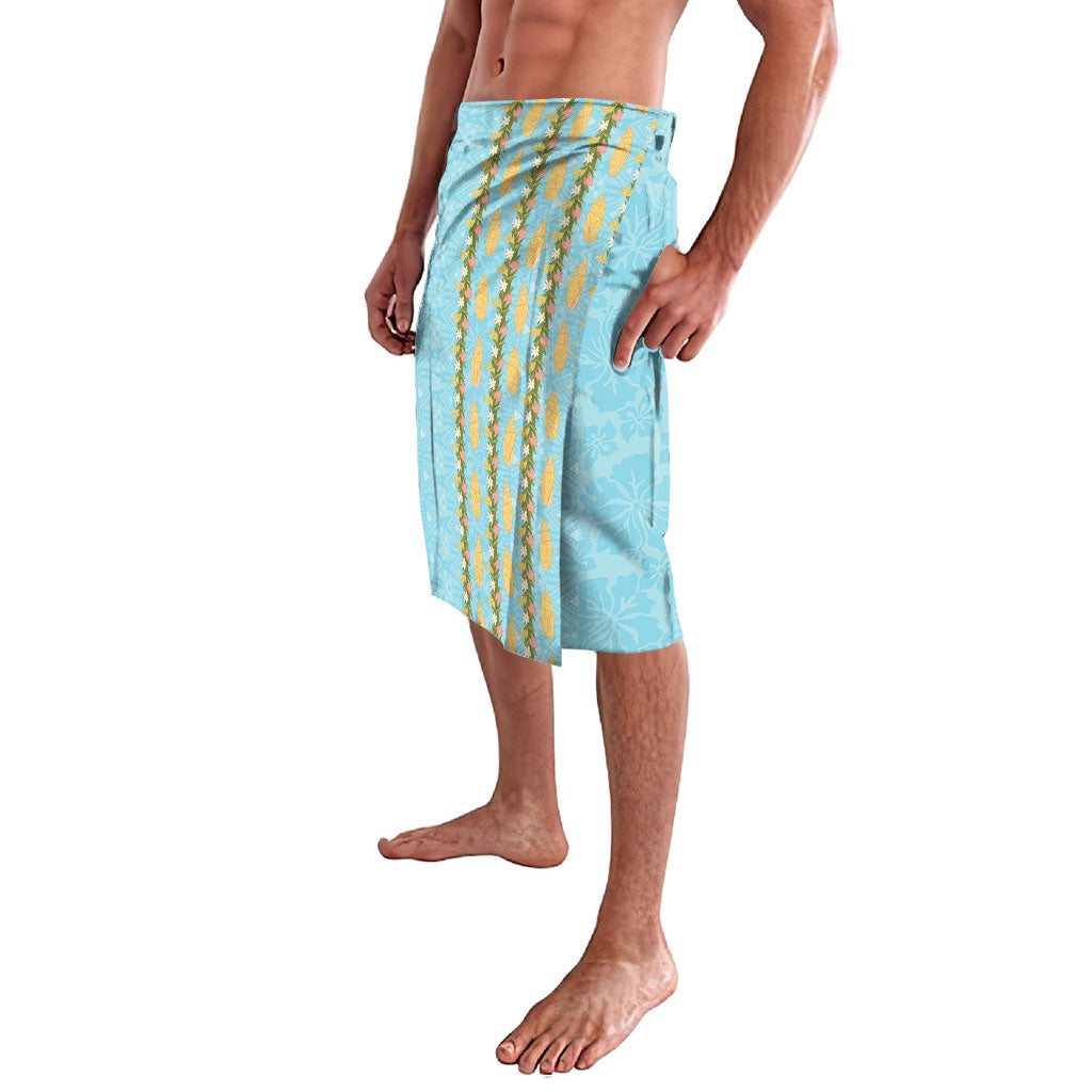 Hawaii Shell Tiare Anthurium Heliconia Lei Lavalava With Tapa Pattern Baby Blue