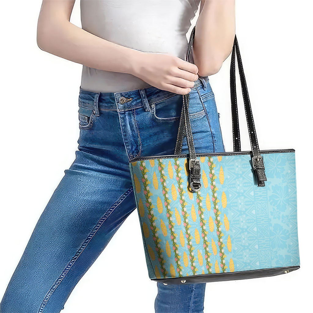 Hawaii Shell Tiare Anthurium Heliconia Lei Leather Tote Bag With Tapa Pattern Baby Blue