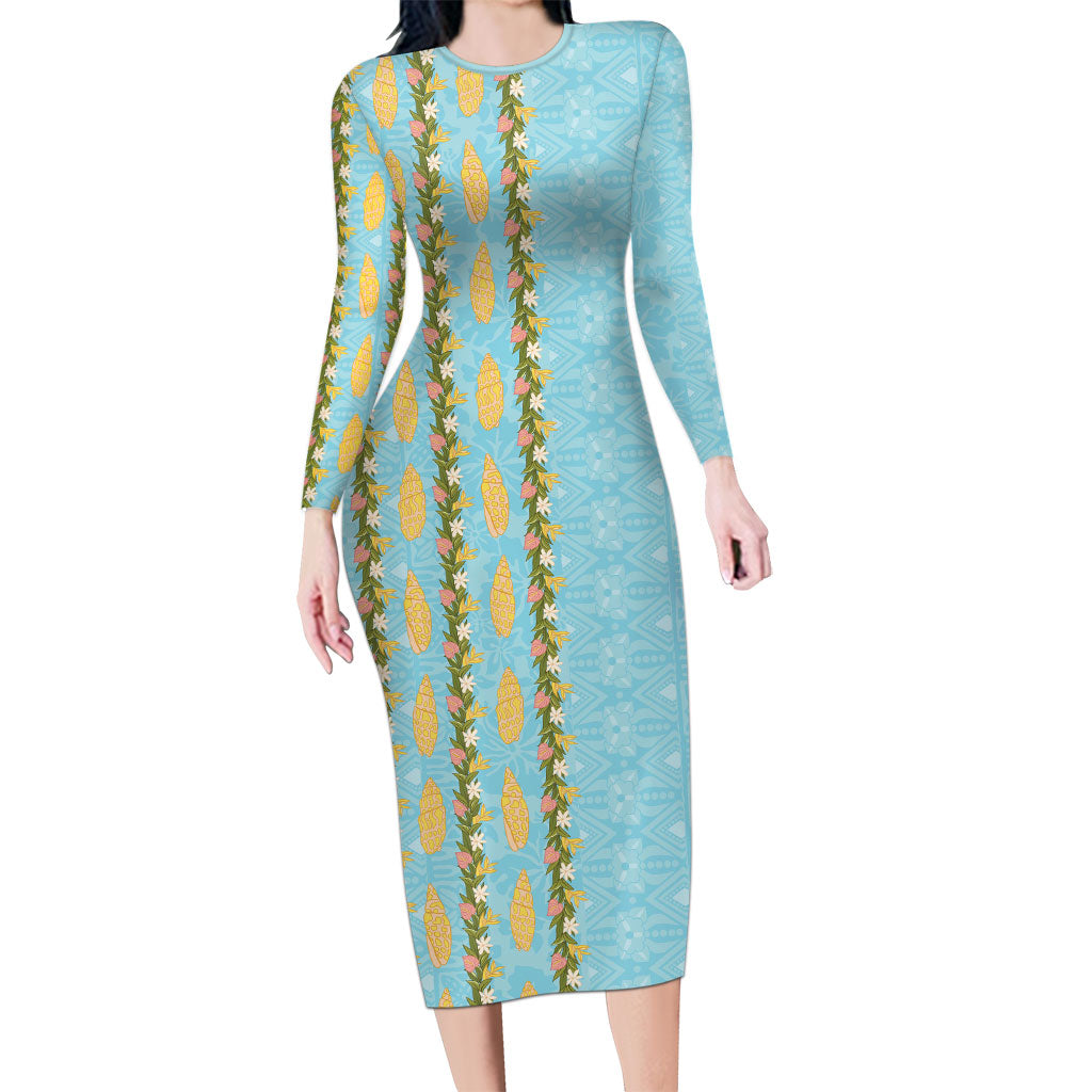 Hawaii Shell Tiare Anthurium Heliconia Lei Long Sleeve Bodycon Dress With Tapa Pattern Baby Blue LT05 Long Dress Blue - Polynesian Pride