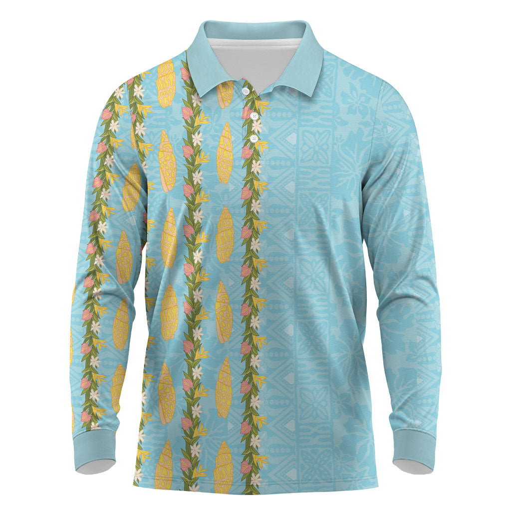 Hawaii Shell Tiare Anthurium Heliconia Lei Long Sleeve Polo Shirt With Tapa Pattern Baby Blue