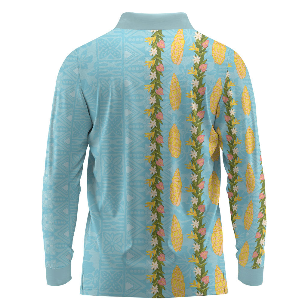 Hawaii Shell Tiare Anthurium Heliconia Lei Long Sleeve Polo Shirt With Tapa Pattern Baby Blue