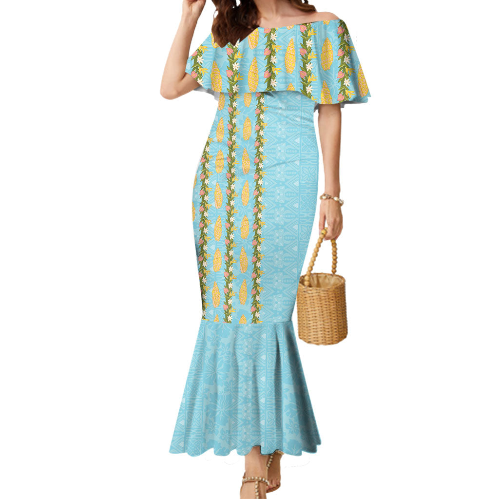 Hawaii Shell Tiare Anthurium Heliconia Lei Mermaid Dress With Tapa Pattern Baby Blue