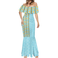 Hawaii Shell Tiare Anthurium Heliconia Lei Mermaid Dress With Tapa Pattern Baby Blue