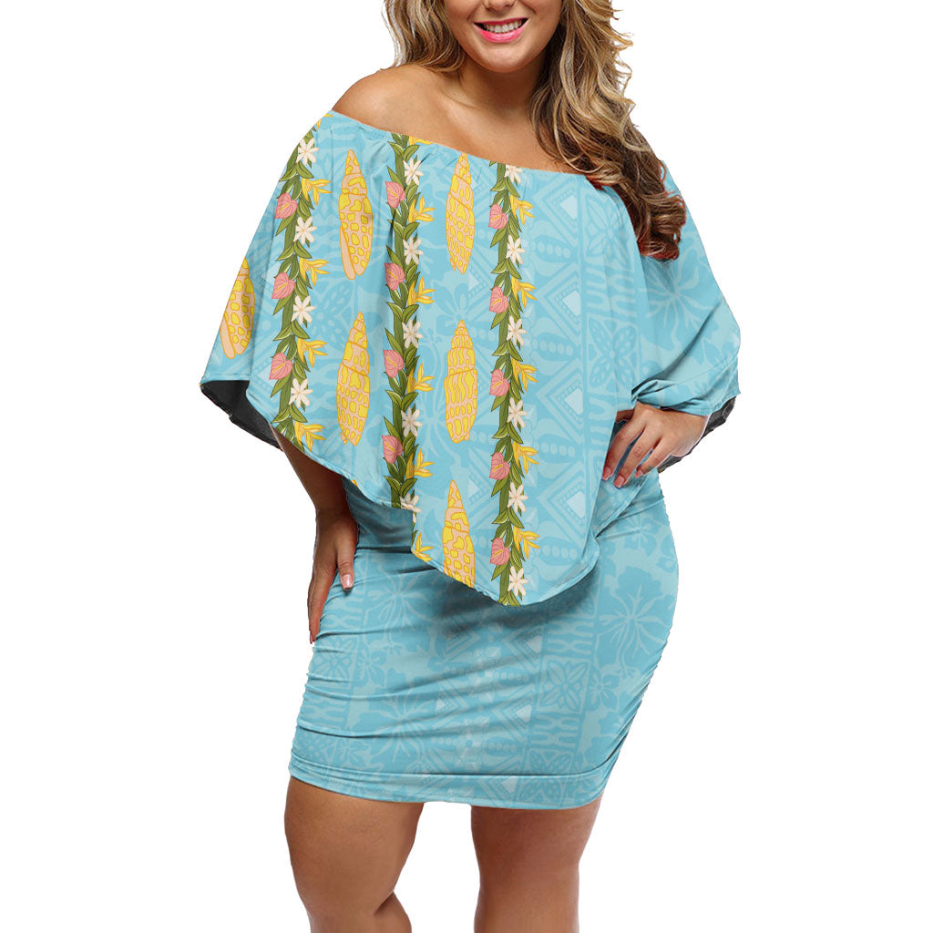 Hawaii Shell Tiare Anthurium Heliconia Lei Off Shoulder Short Dress With Tapa Pattern Baby Blue LT05 Women Blue - Polynesian Pride