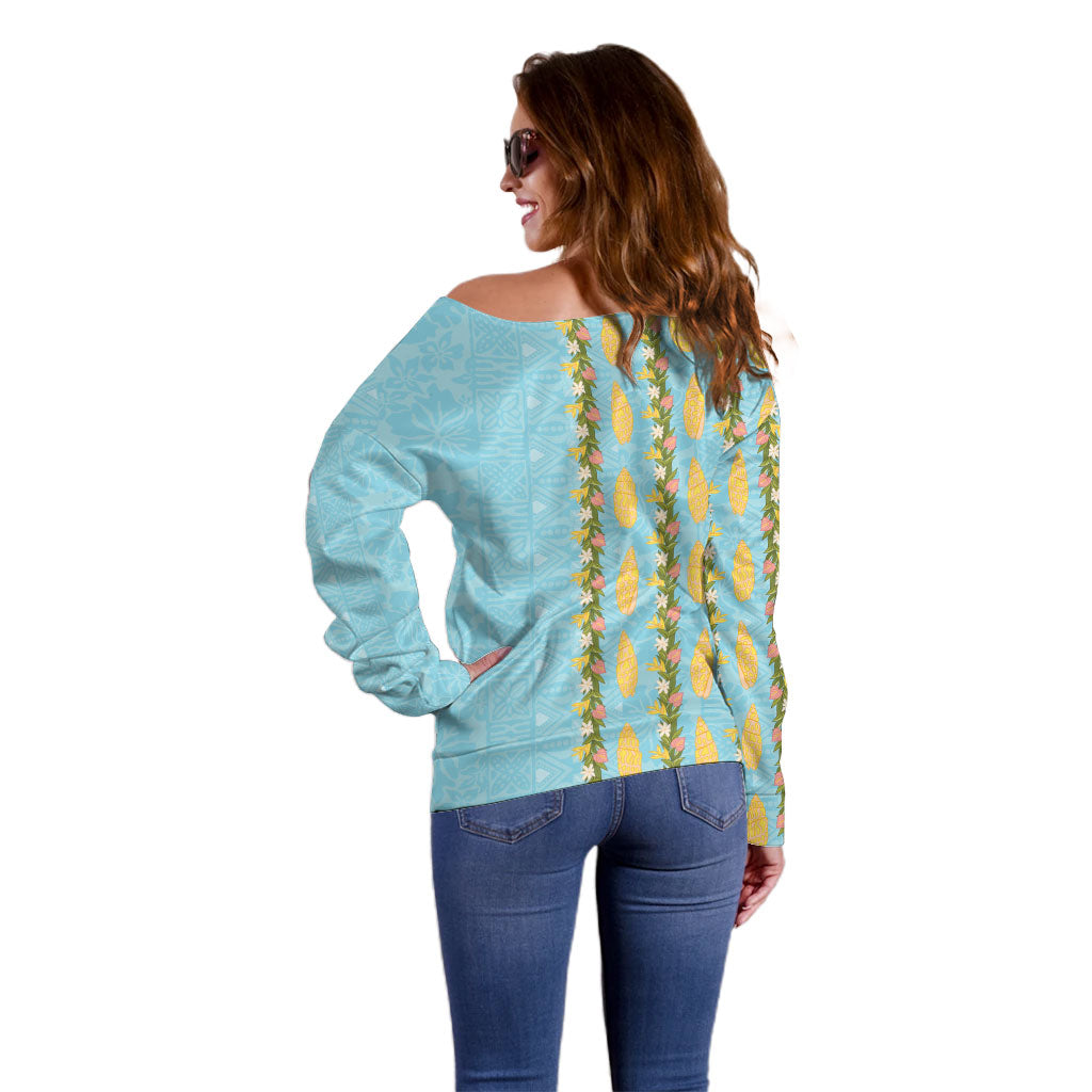 Hawaii Shell Tiare Anthurium Heliconia Lei Off Shoulder Sweater With Tapa Pattern Baby Blue