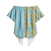 Hawaii Shell Tiare Anthurium Heliconia Lei Off Shoulder Wrap Waist Top With Tapa Pattern Baby Blue LT05 - Polynesian Pride
