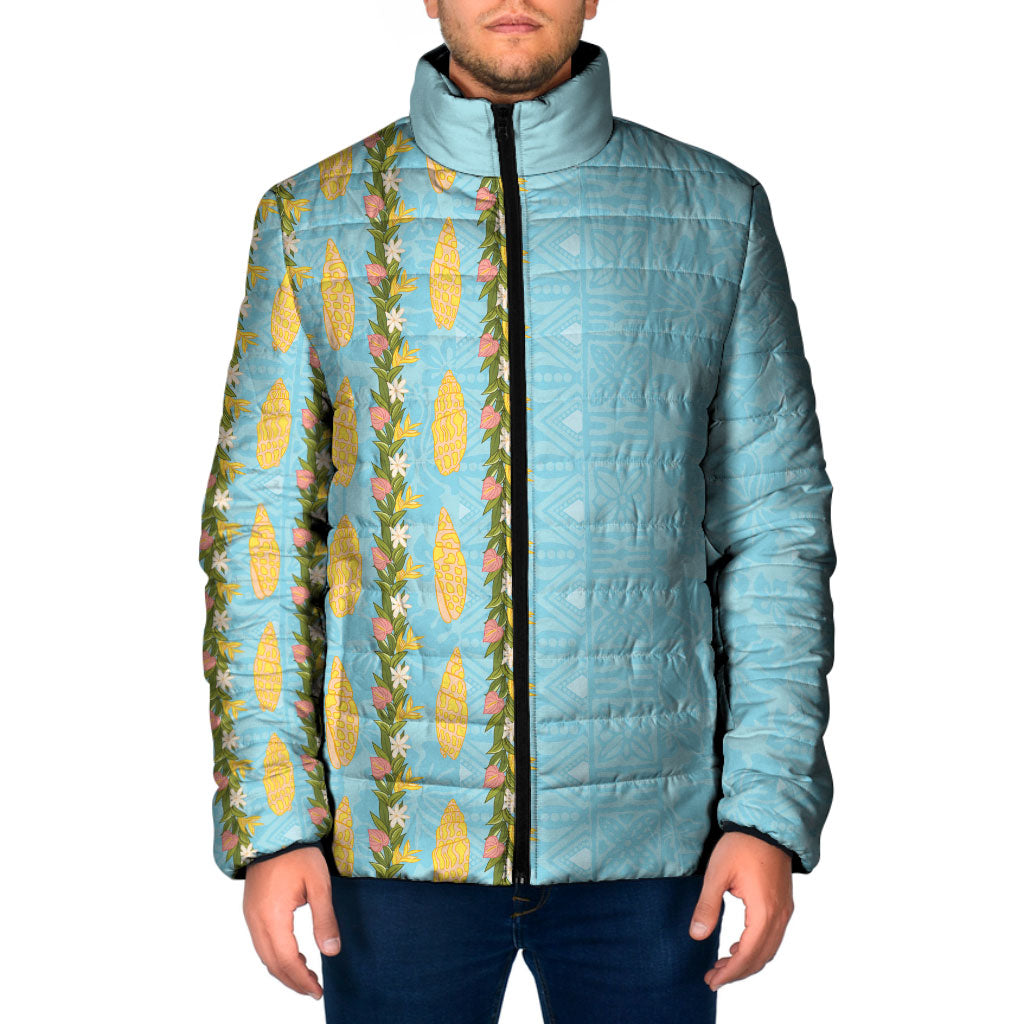 Hawaii Shell Tiare Anthurium Heliconia Lei Padded Jacket With Tapa Pattern Baby Blue LT05 Men Blue - Polynesian Pride