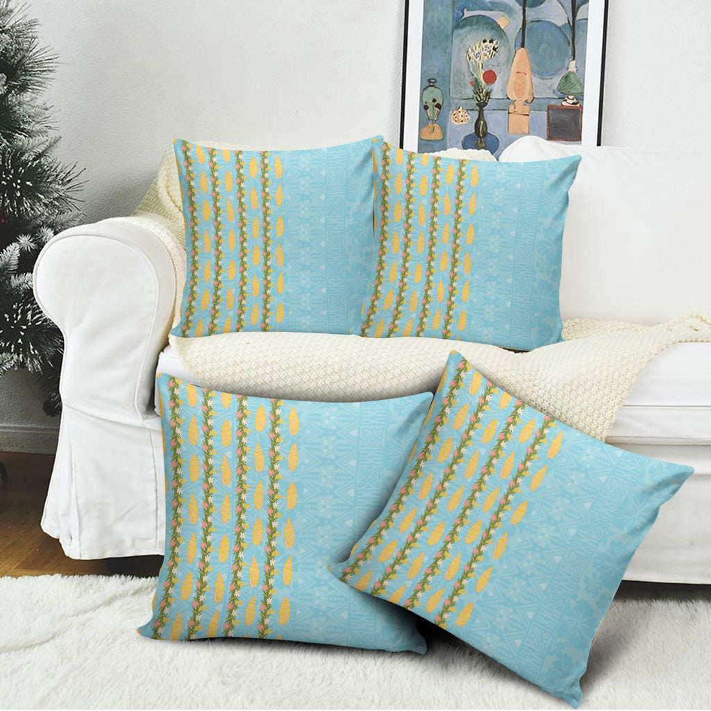 Hawaii Shell Tiare Anthurium Heliconia Lei Pillow Cover With Tapa Pattern Baby Blue