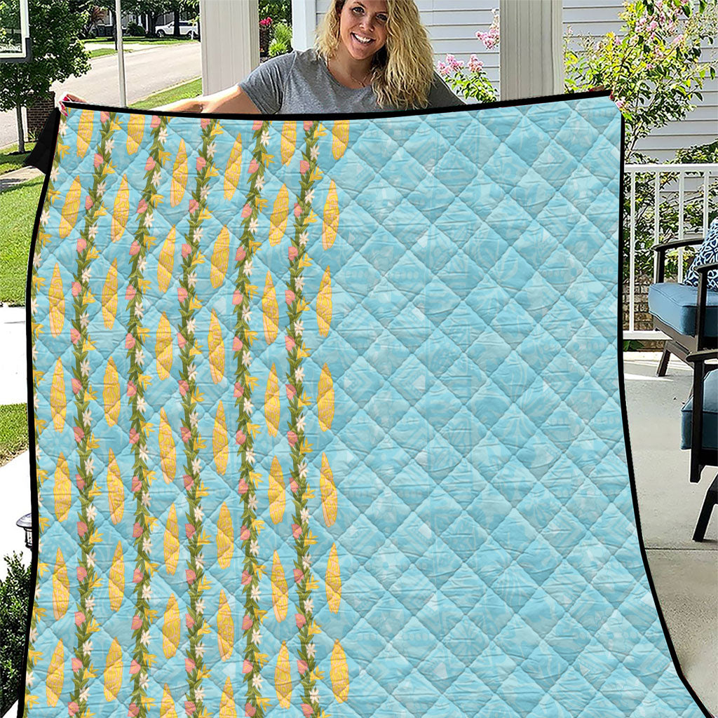 Hawaii Shell Tiare Anthurium Heliconia Lei Quilt With Tapa Pattern Baby Blue LT05 Blue - Polynesian Pride