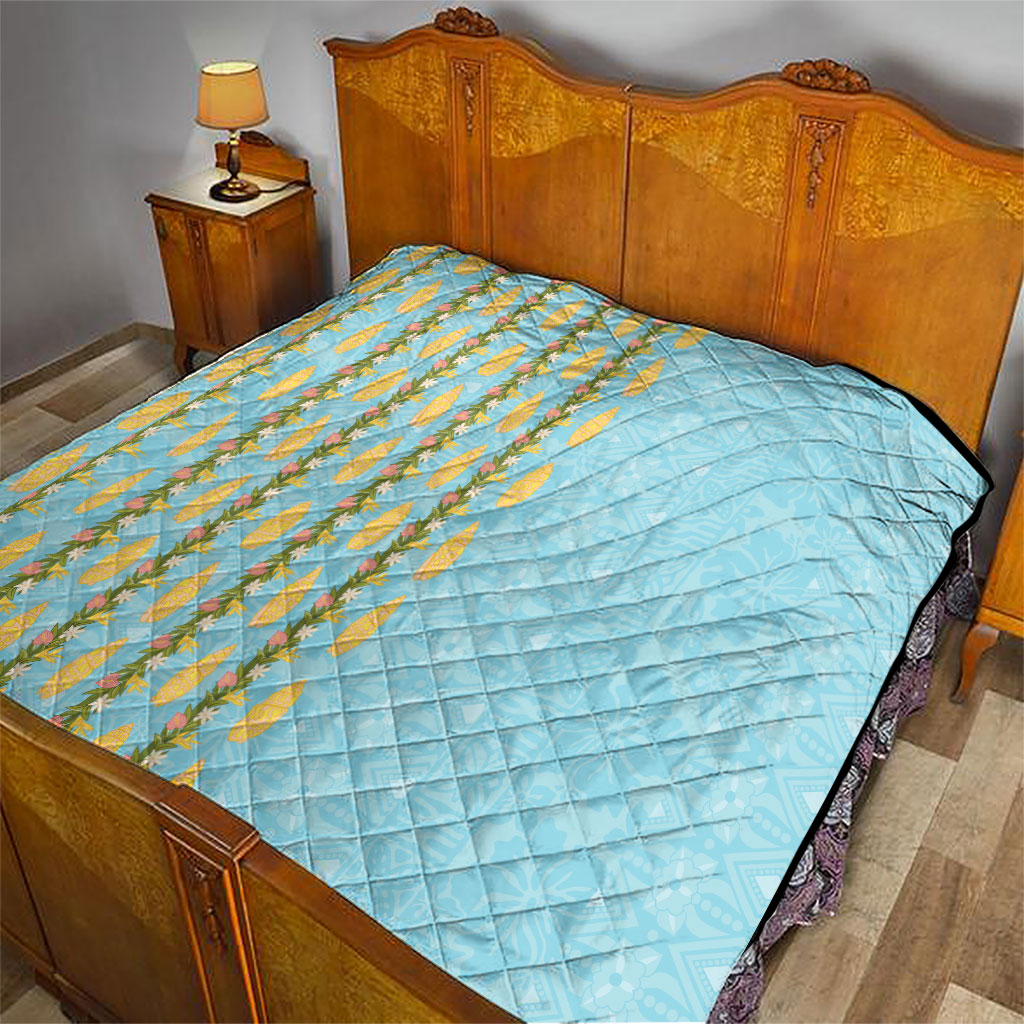 Hawaii Shell Tiare Anthurium Heliconia Lei Quilt With Tapa Pattern Baby Blue