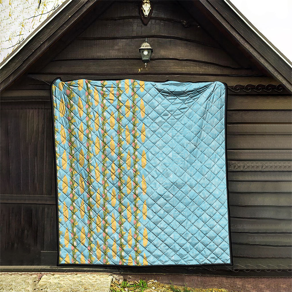 Hawaii Shell Tiare Anthurium Heliconia Lei Quilt With Tapa Pattern Baby Blue