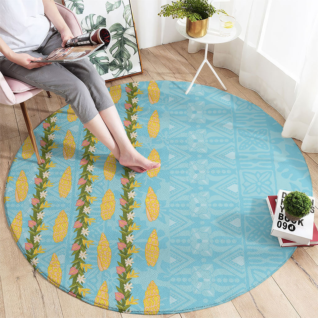 Hawaii Shell Tiare Anthurium Heliconia Lei Round Carpet With Tapa Pattern Baby Blue
