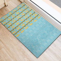 Hawaii Shell Tiare Anthurium Heliconia Lei Rubber Doormat With Tapa Pattern Baby Blue