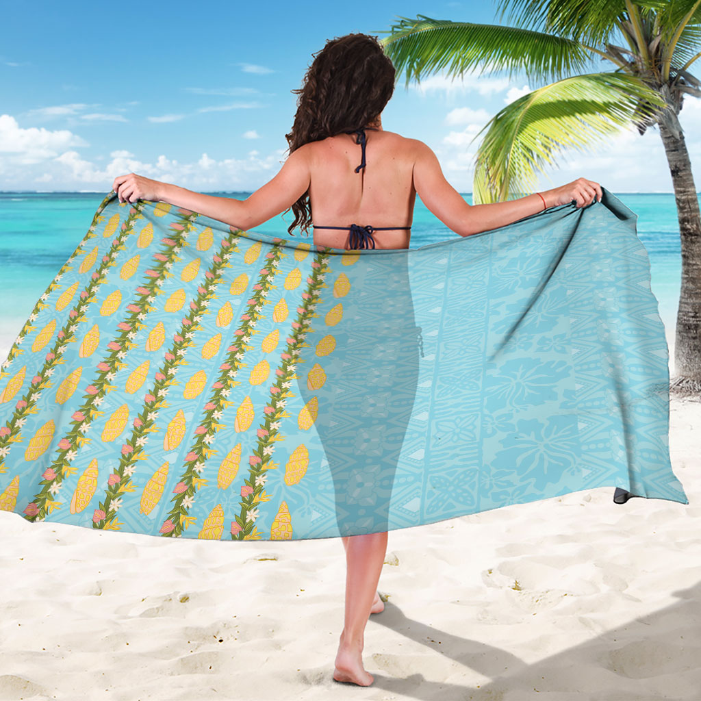 Hawaii Shell Tiare Anthurium Heliconia Lei Sarong With Tapa Pattern Baby Blue