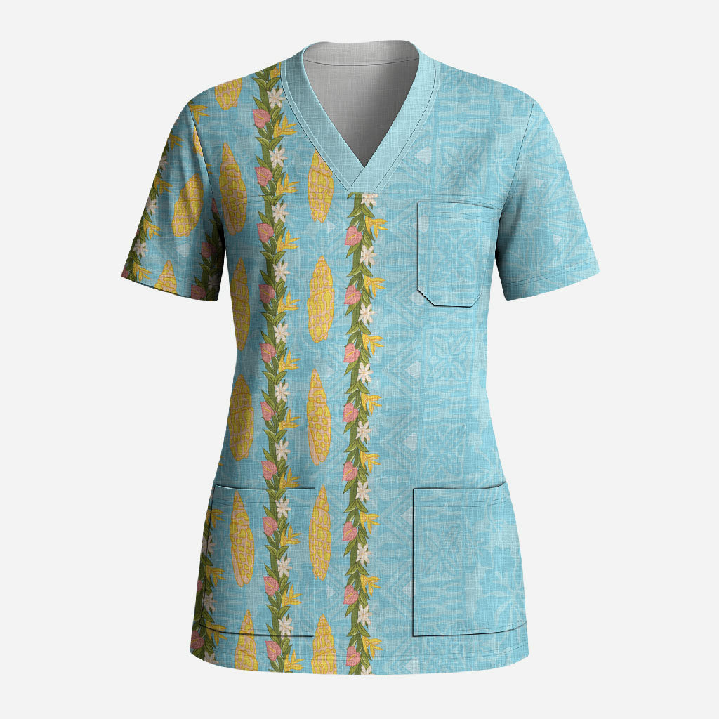 Hawaii Shell Tiare Anthurium Heliconia Lei Scrub Top With Tapa Pattern Baby Blue LT05 Adult Blue - Polynesian Pride
