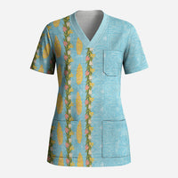 Hawaii Shell Tiare Anthurium Heliconia Lei Scrub Top With Tapa Pattern Baby Blue