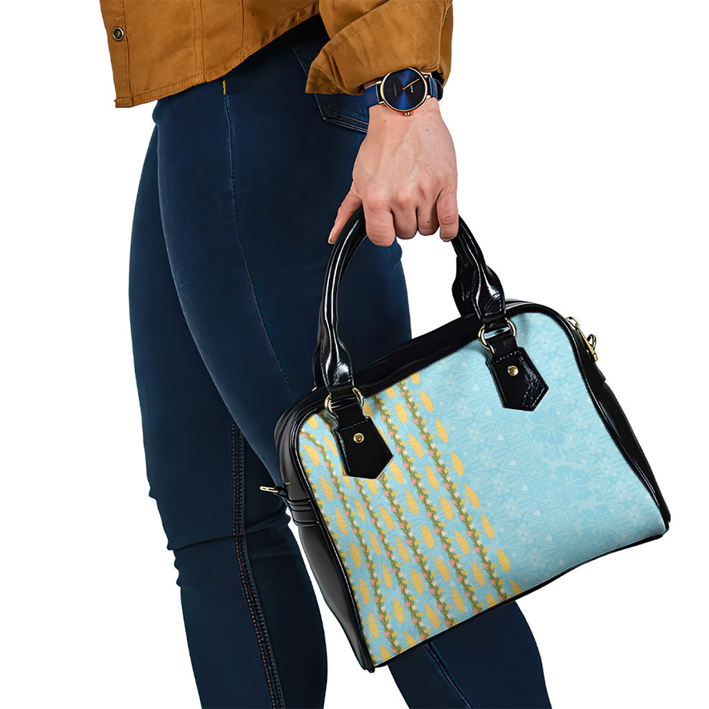 Hawaii Shell Tiare Anthurium Heliconia Lei Shoulder Handbag With Tapa Pattern Baby Blue