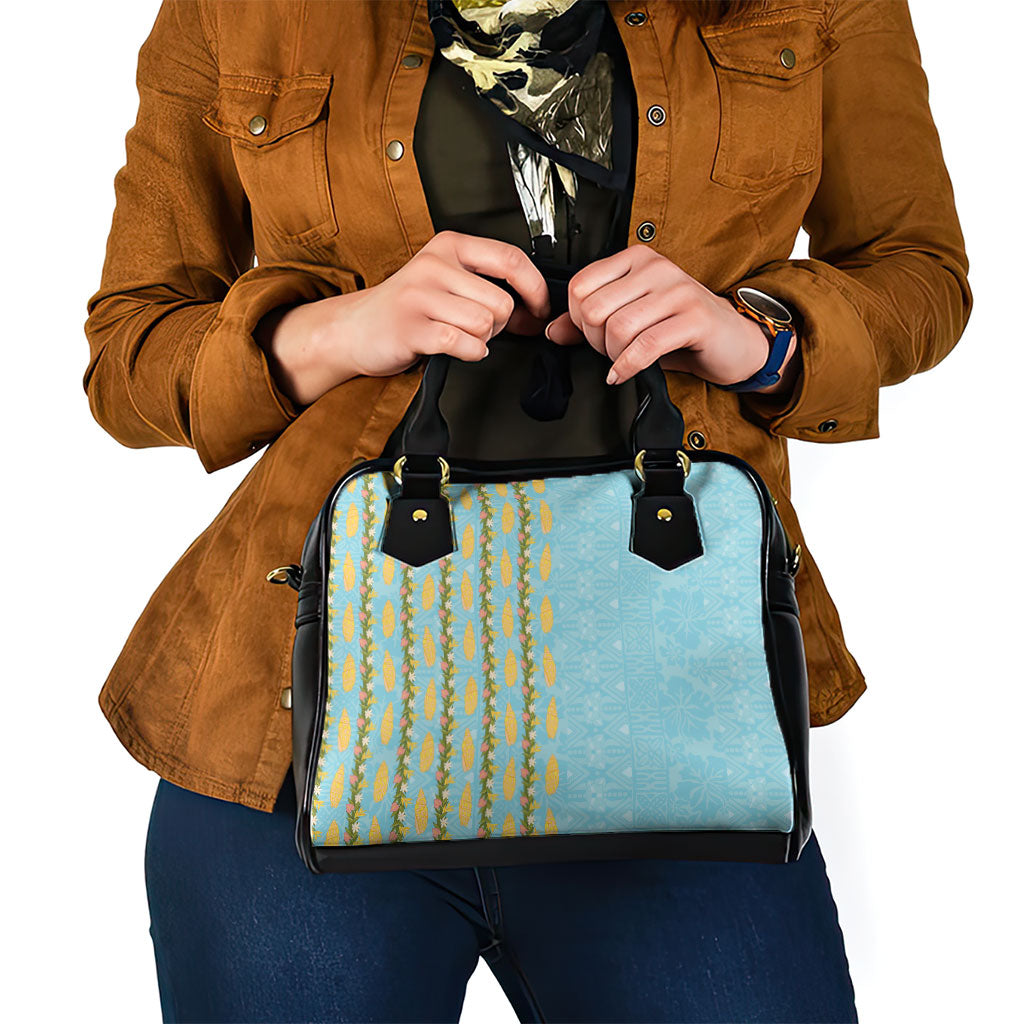 Hawaii Shell Tiare Anthurium Heliconia Lei Shoulder Handbag With Tapa Pattern Baby Blue
