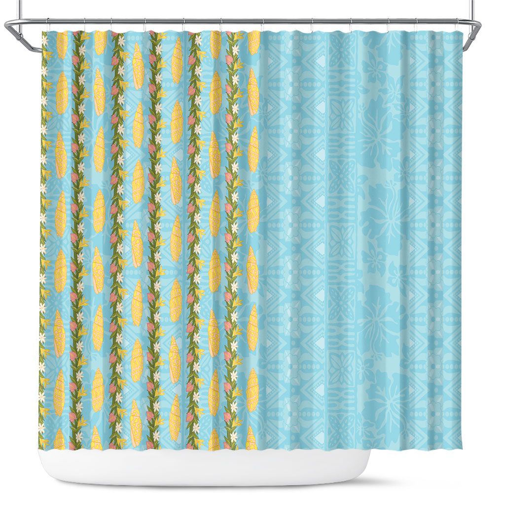 Hawaii Shell Tiare Anthurium Heliconia Lei Shower Curtain With Tapa Pattern Baby Blue