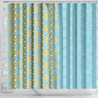 Hawaii Shell Tiare Anthurium Heliconia Lei Shower Curtain With Tapa Pattern Baby Blue