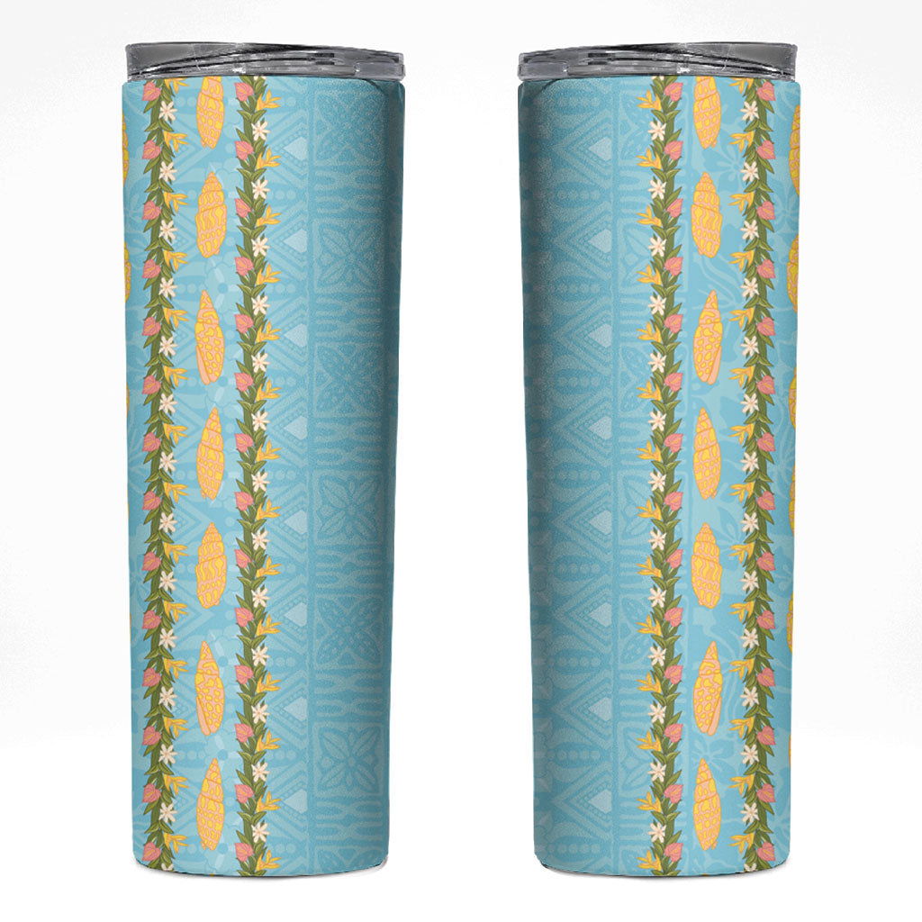 Hawaii Shell Tiare Anthurium Heliconia Lei Skinny Tumbler With Tapa Pattern Baby Blue