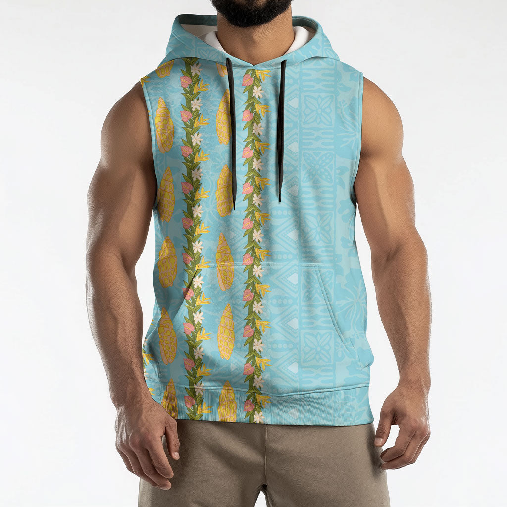 Hawaii Shell Tiare Anthurium Heliconia Lei Sleeveless Hoodie With Tapa Pattern Baby Blue