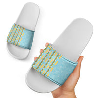 Hawaii Shell Tiare Anthurium Heliconia Lei Slide Sandals With Tapa Pattern Baby Blue