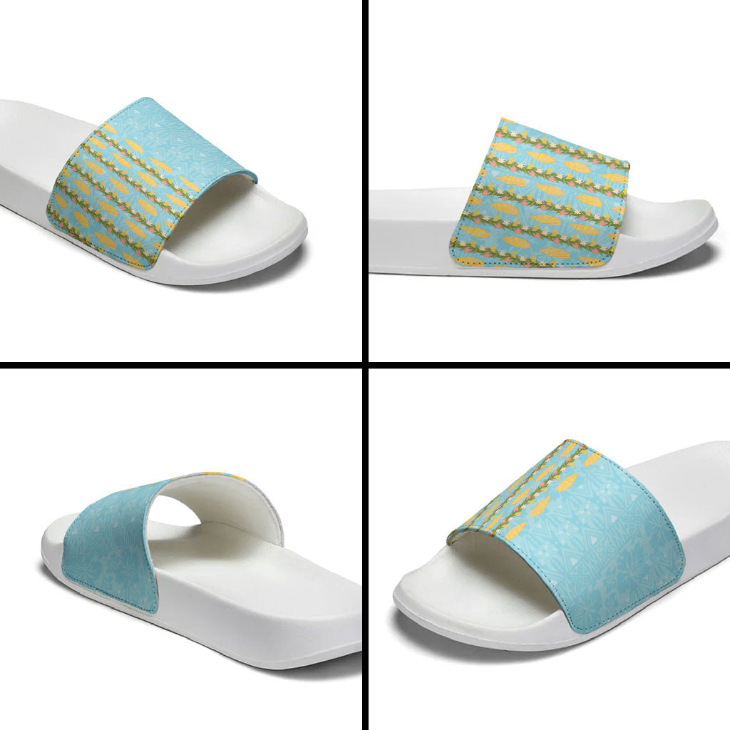 Hawaii Shell Tiare Anthurium Heliconia Lei Slide Sandals With Tapa Pattern Baby Blue