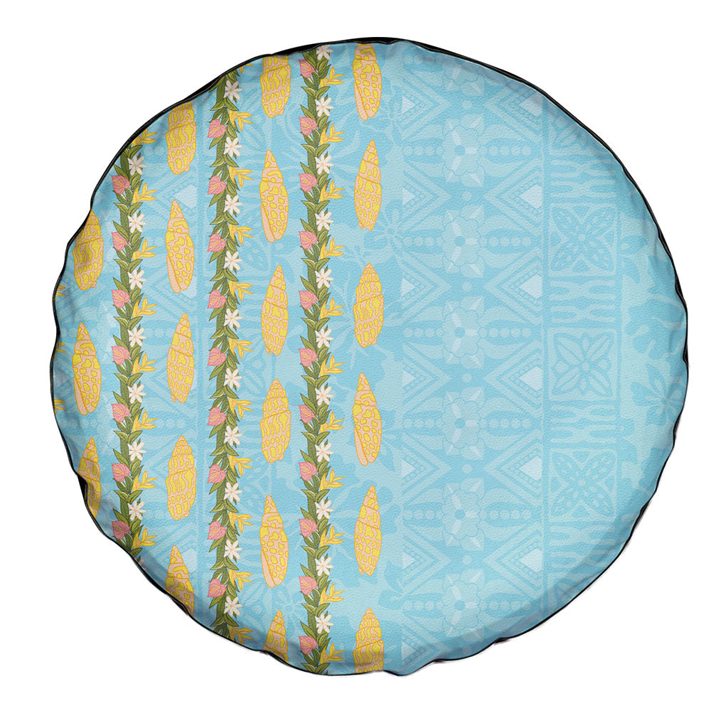 Hawaii Shell Tiare Anthurium Heliconia Lei Spare Tire Cover With Tapa Pattern Baby Blue