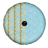 Hawaii Shell Tiare Anthurium Heliconia Lei Spare Tire Cover With Tapa Pattern Baby Blue