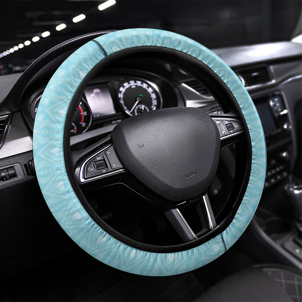 Hawaii Shell Tiare Anthurium Heliconia Lei Steering Wheel Cover With Tapa Pattern Baby Blue LT05 Universal Fit Blue - Polynesian Pride