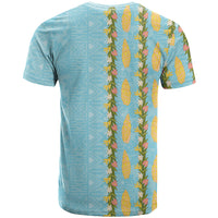 Hawaii Shell Tiare Anthurium Heliconia Lei T Shirt With Tapa Pattern Baby Blue