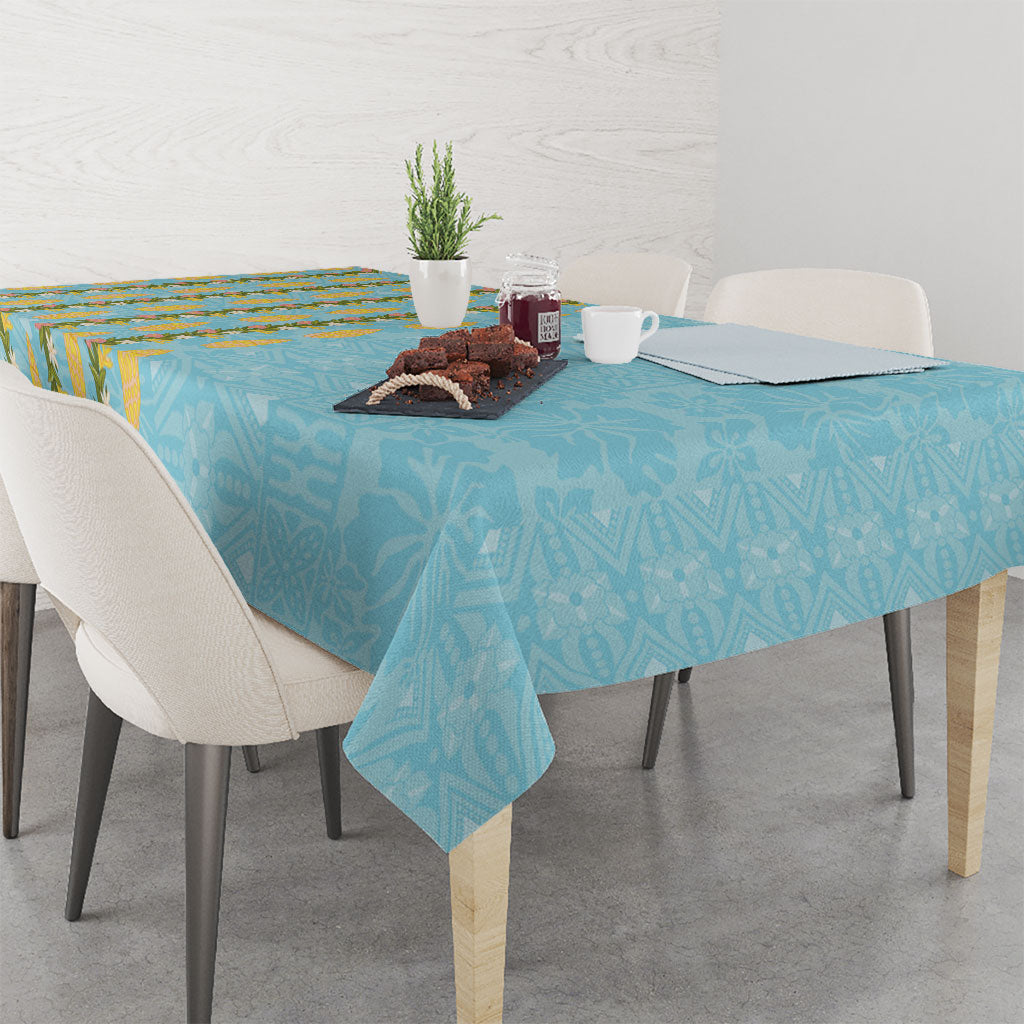 Hawaii Shell Tiare Anthurium Heliconia Lei Tablecloth With Tapa Pattern Baby Blue