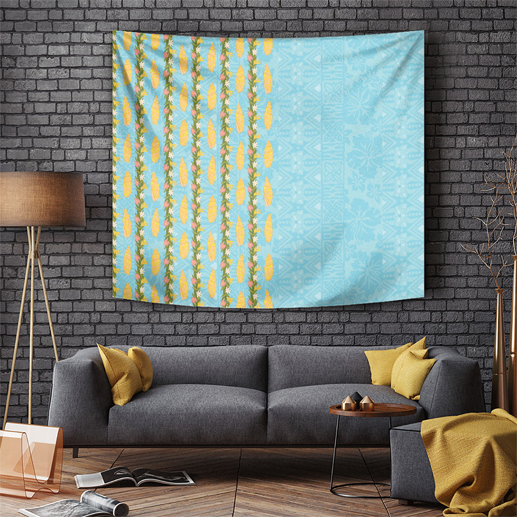 Hawaii Shell Tiare Anthurium Heliconia Lei Tapestry With Tapa Pattern Baby Blue LT05 Blue - Polynesian Pride
