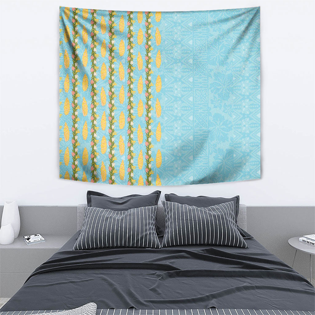 Hawaii Shell Tiare Anthurium Heliconia Lei Tapestry With Tapa Pattern Baby Blue