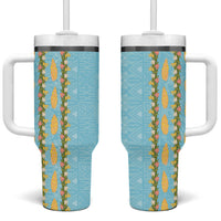 Hawaii Shell Tiare Anthurium Heliconia Lei Tumbler With Handle With Tapa Pattern Baby Blue