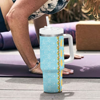 Hawaii Shell Tiare Anthurium Heliconia Lei Tumbler With Handle With Tapa Pattern Baby Blue
